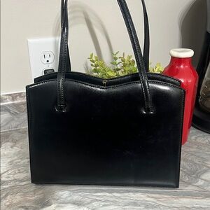 Adrian Gold London Real Leather Made In England Black Scalloped Top Handbag VTG